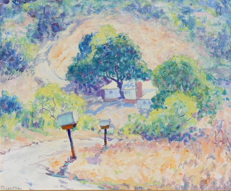 364, Mailboxes, Road, and House by William Clapp, 1942, Oil on Masonite, sold Aug 2023