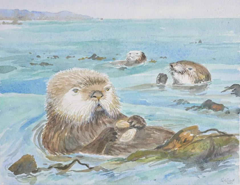 Sea Otters by Peter Barrett, Watercolor, offered Aug 2023