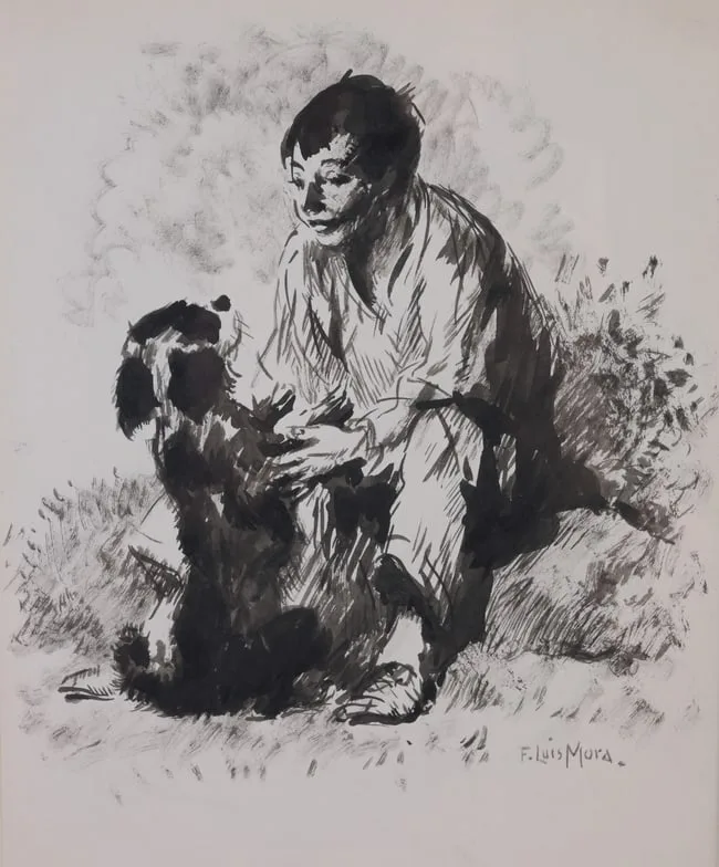 Young Boy w/ Dog by Francis Luis Mora, Ink on Paper, sold Sep 2023