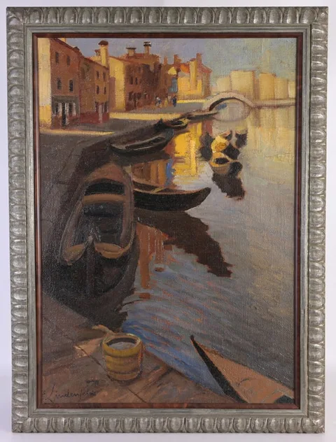 Emil Lindenfeld, Venice Canal w/ Gondolas, Oil on Canvas