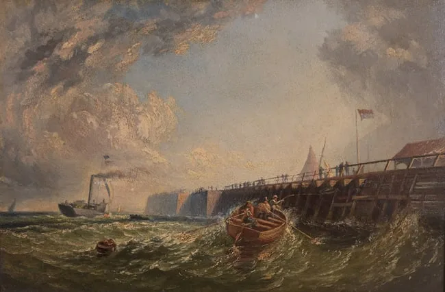 Thomas Sewell Robins, Pier at Calais France, Oil on Canvas