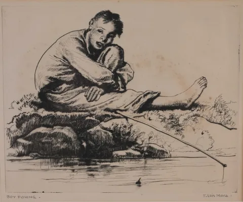 Boy Fishing by Francis Luis Mora, Etching, sold Nov 2023