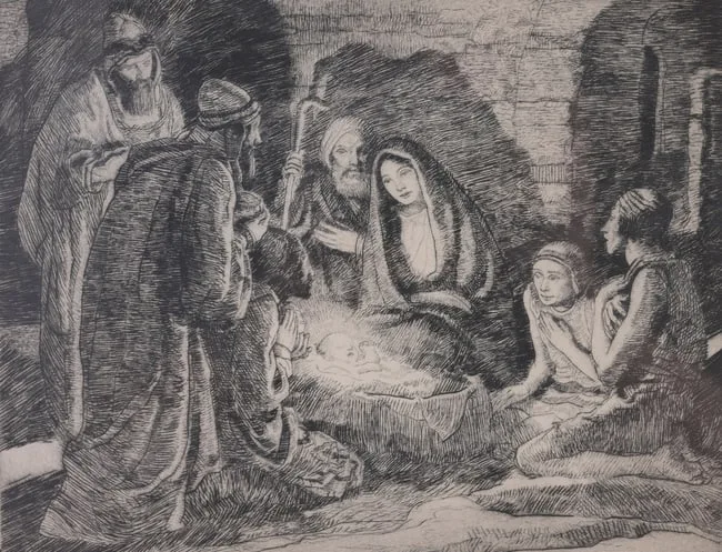 Nativity Scene by Francis Luis Mora, Etching, sold Nov 2023