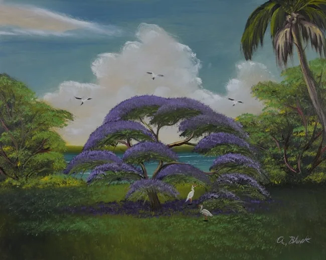 The Purple Jacaranda by Al Black, Oil on Masonite, sold Feb 2024