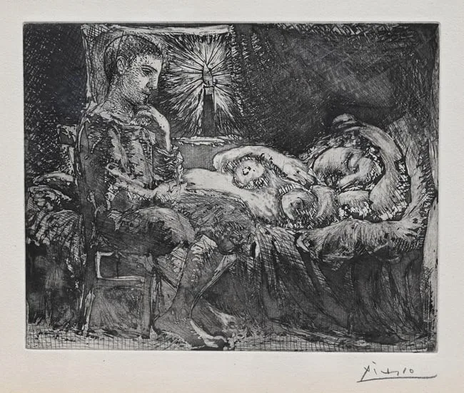 Garcon et Dormeuse a la Chandelle by Pablo Picasso, 1934, Aquatint and etching on Montval laid paper, offered Feb 2024