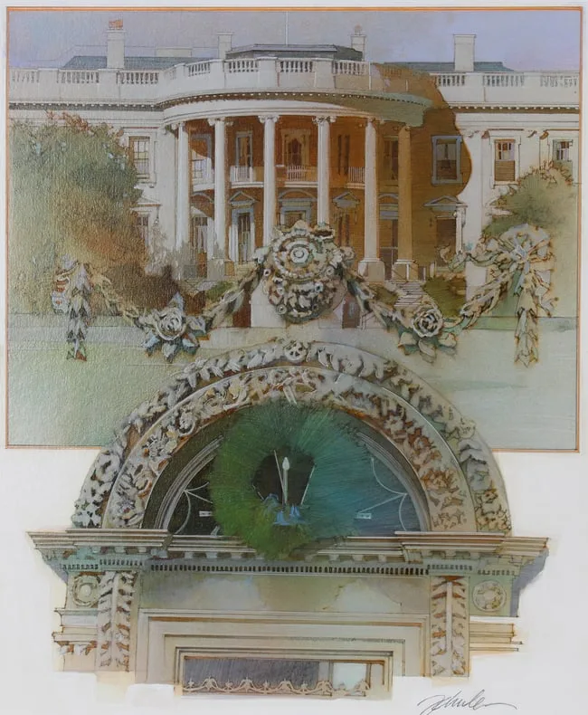 White House by Mark Schuler, Mixed Media on Illustration Board, sold Feb 2024
