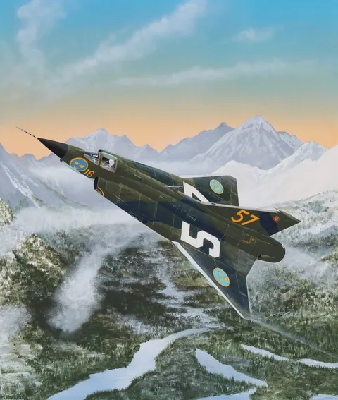 Steve Ferguson, Saab J35F Draken, Mixed Media on Cold Press Illustration Board
