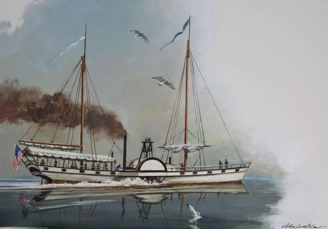Steamboat Phoenix (1809) by John Swatsley, Oil on Illustration Board, sold Feb 2024