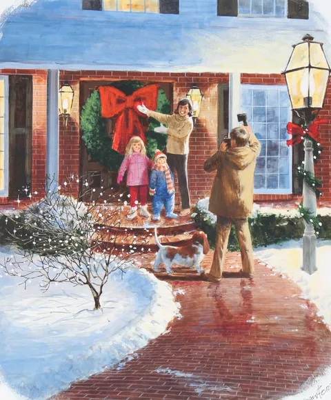 Mel Crawford, Putting Wreath on Door/Christmas, Mixed Media on Illustration Board