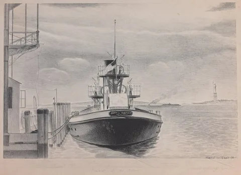 Fireboat at the Battery by Mabel Wellington Jack, 1936, Lithograph, sold Apr 2024