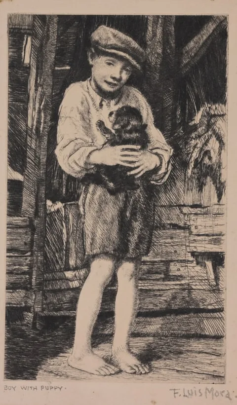 Boy with Puppy by Francis Luis Mora, Etching, sold Apr 2024