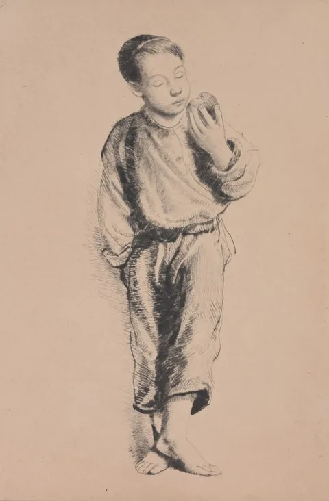Boy with Apple by Francis Luis Mora, Etching, sold Apr 2024
