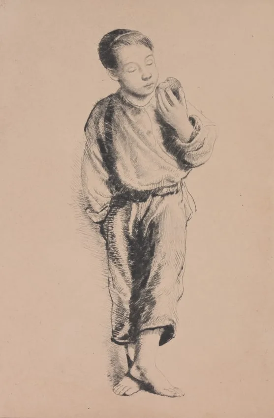 Boy with Apple by Francis Luis Mora, Etching, sold Apr 2024