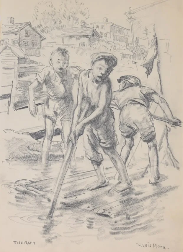 The Raft by Francis Luis Mora, pencil, sold Apr 2024
