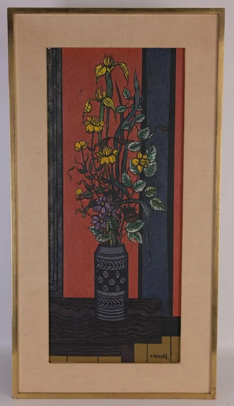 Gustave Camus, Bouquet au Fevillage Blanc, 1968, Oil on Canvas