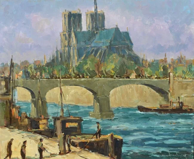 Fred Korburg, Barges on the Seine, Oil on Board