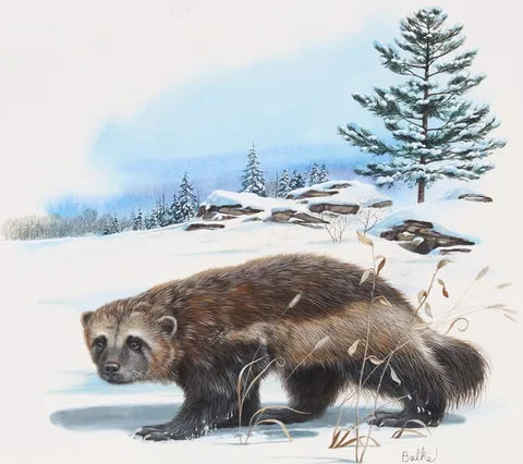 Don Balke, Wolverine and White Pine, Watercolor on Illustration Board