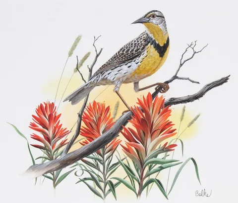 Don Balke, Western Meadowlark and Indian Paintbrush, Watercolor on Illustration Board