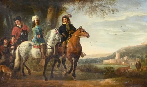 Aelbert Cuyp, Landscape with Three Riders, a Groom and Dogs in a Landscape, Oil on Canvas
