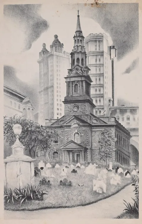 St Paul's Chapel by Mabel Wellington Jack, Lithograph, sold Jun 2024