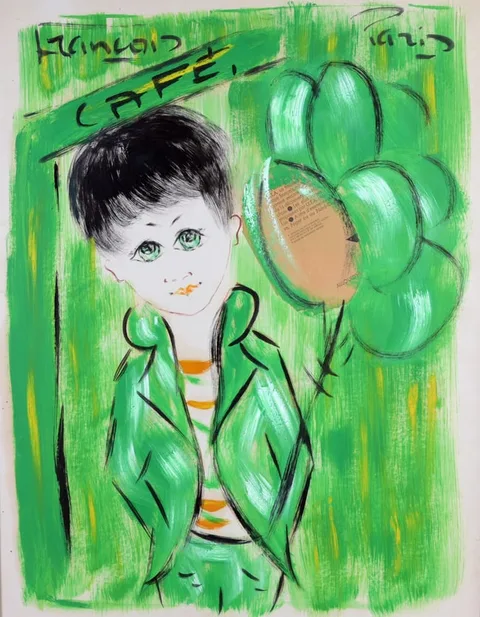 André François, Girl with Balloons, Paris, 1965, Acrylic on heavy archival paper