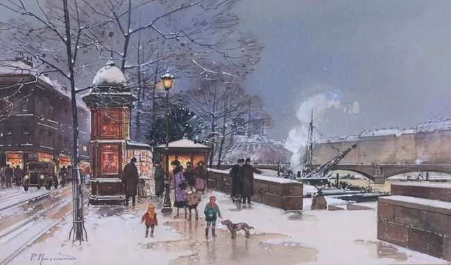 Paris sous la Neige, Vue du Quai de la Tournelle by Paul Renard, Gouache on Paper, sold Jun 2024