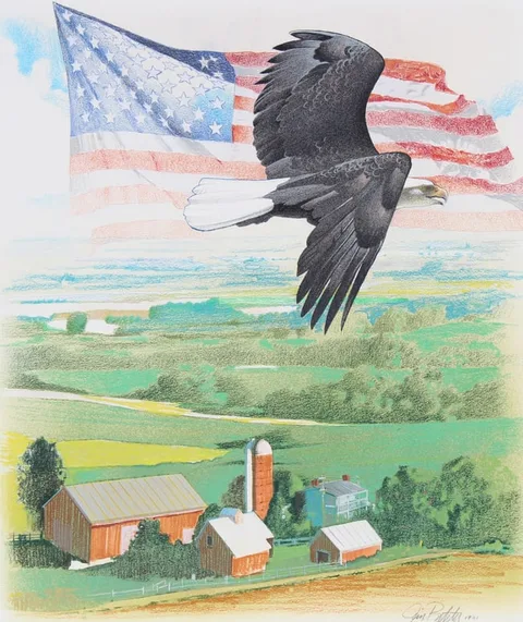 Jim Butcher, Spacious Skies/Flag & Eagle over Farm, Oil/Pastel on Cold Press Illustration Board