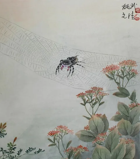 Yan Bingwu, Jumping Spider, Watercolor on Silk