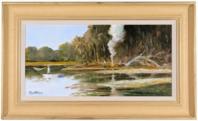 Shrimp Casting by Ray George Ellis, oil on canvas, sold Aug 2024