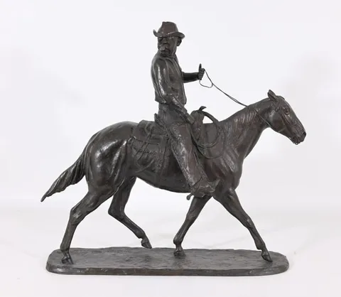 Will Rogers on Soapsuds/Mounted Cowboy by Hughlette Wheeler, 1936, Bronze, sold Aug 2024