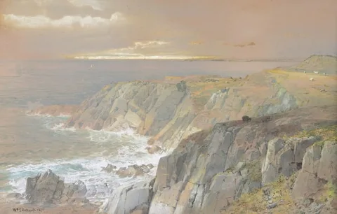 William Trost Richards, Rocky Coastline with Grazing Sheep, Watercolor on Paper