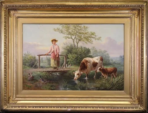 Farmer's Daughter w/ Cows by Henry Charles Bryant, Oil on Canvas, offered Aug 2024