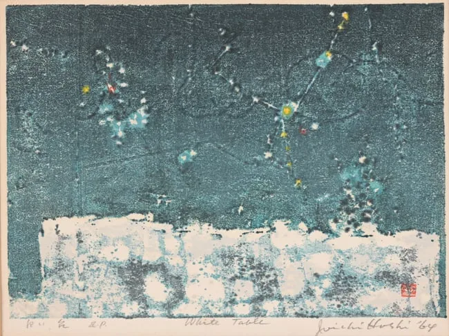 White Table by Joichi Hoshi, 1964, Woodblock, sold Aug 2024
