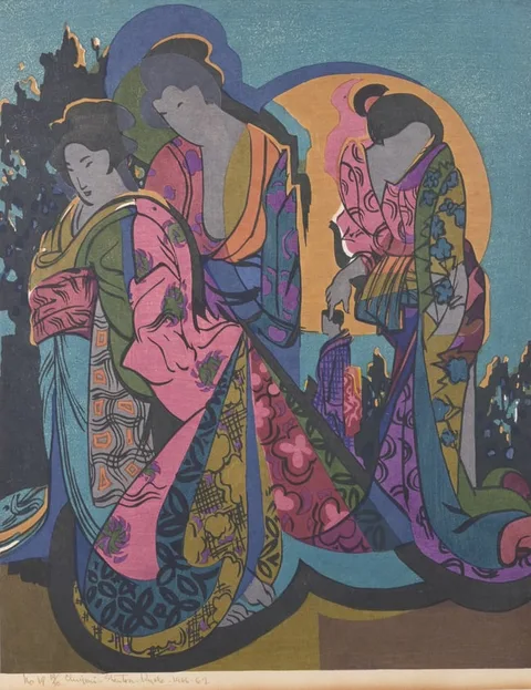 Stanton Macdonald-Wright, No Matter What We Wear, We are Beautiful When Moon Viewing, Woodcut