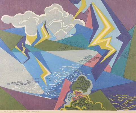 Stanton Macdonald-Wright, Stony River rippling, lightning flickering, Woodcut