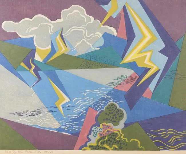 Stony River rippling, lightning flickering by Stanton Macdonald-Wright, Woodcut, sold Aug 2024