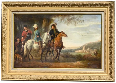 Aelbert Cuyp, Landscape with Three Riders, a Groom and Dogs in a Landscape, Oil on Canvas