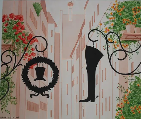 Erik Nitsche, City Street in Germany, watercolor on Illustration Board