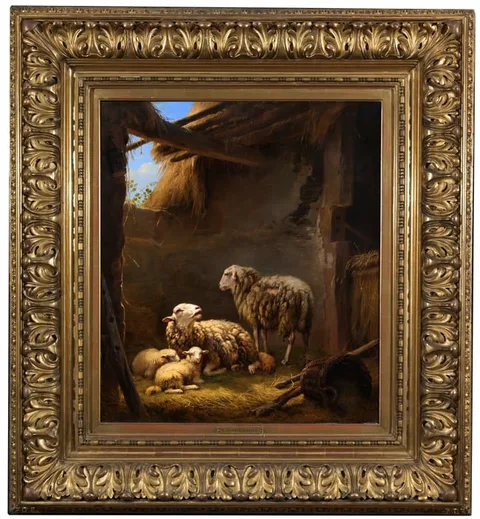Eugène Verboeckhoven, Sheep in Barn, Oil on Board