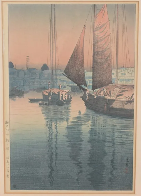 Tsuchiya Kōitsu, Sunset at Tomonotsu, Woodblock Print