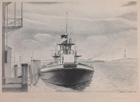 Fireboat at the Battery by Mabel Wellington Jack, 1936, Lithograph, sold Dec 2024