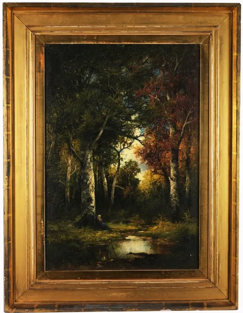 Figure Seated Next to Woodland Pool by Henri Harpignies, Oil on Panel, sold Jun 2025