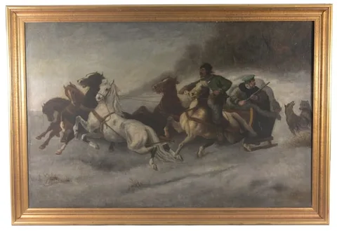 Adolf Schreyer, Chased by Wolves, Oil on Canvas