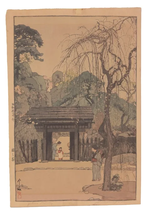 Plum Gateway by Hiroshi Yoshida, Woodblock Print, sold Jun 2025