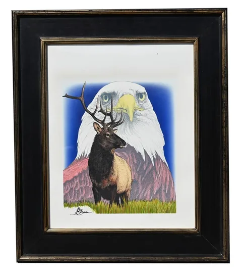John Benson, Take Pride in America/Eagle and Elk, Mixed Media on Paper