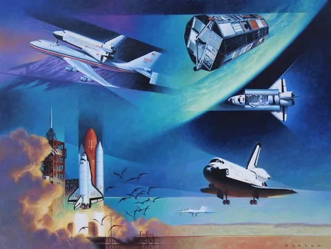 Howard Koslow, Montage of U.S. Space Vehicles, Acrylic on Illustration Board