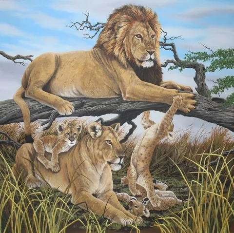 R.G. Finney, Lion Family At Rest, Acrylic on Wood