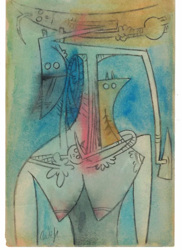 Wifredo Lam, Femme, Charcoal & Watercolor on Paper