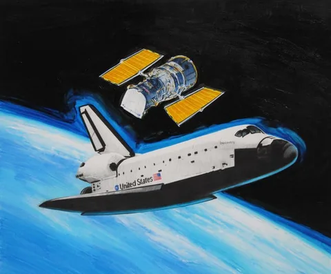 Paul Calle, Discovery - Deploying the Hubble, Mixed Media on Illustration Board