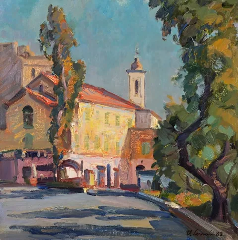 Umberto Corradi, St Mark Church within the Village, Oil on Canvas